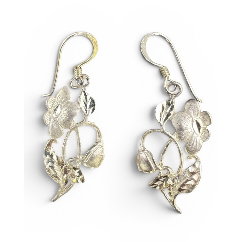 Sterling Silver 925 Floral Dangle Earrings Hand Cut Diamond Cut Leaves Vintage